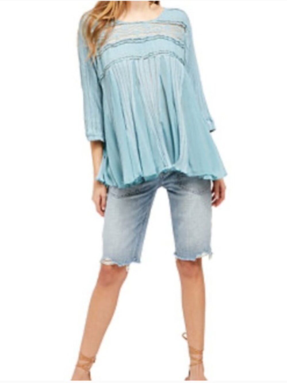 Free People Penny Lane Blue Tunic Top Blouse Lace Oversized Flowy Boho Small - Picture 2 of 14